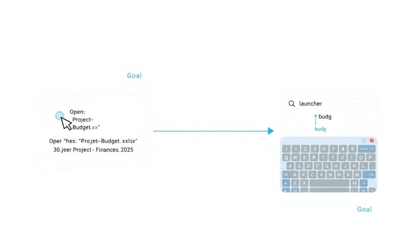 一個工程師使用啟動器 App 快速搜尋並開啟檔案的流程示意