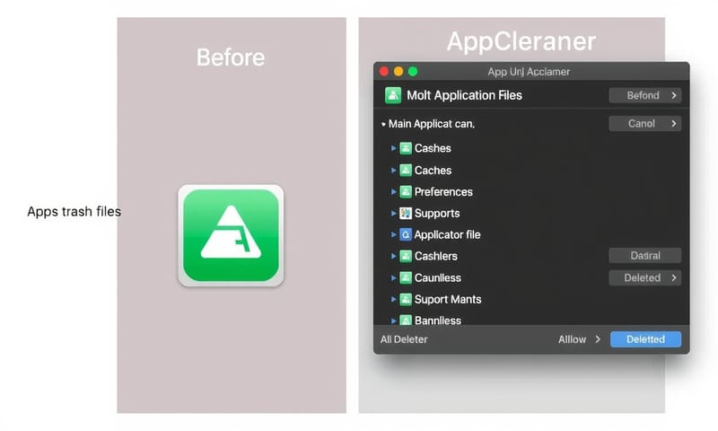 AppCleaner 找到應用程式殘留檔案的畫面，凸顯其清理能力