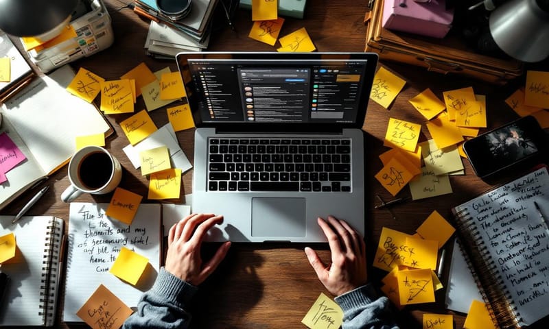把所有待辦事項塞進同一個籃子，真的有比較好嗎？   A chaotic desk scene viewed from top-down. On the desk are a laptop open to an overflowing email inbox, a smartphone with numerous notifications on the screen, scattered sticky notes with urgent scribbles, a half-empty coffee mug, and a notebook filled with messy handwriting. The overall mood is overwhelming and stressful, with harsh overhead lighting creating strong shadows. Photorealistic style.