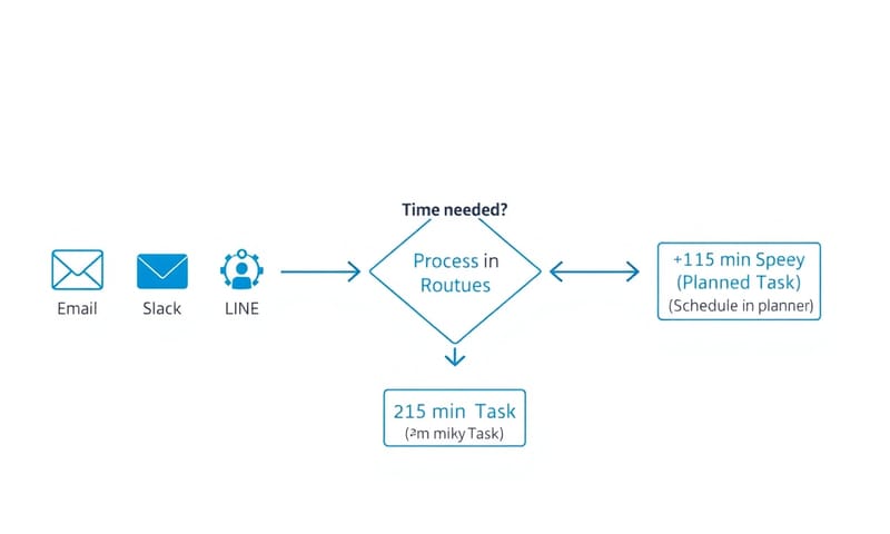 流程對了，工具是其次。這才是系統思維。   A minimalist flowchart on a clean white background. On the left, three icons representing Email, Slack, and <a href=