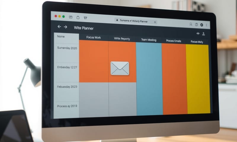 真正重要的事，就該在行事曆上留一個位子給它。   A close-up shot of a computer screen displaying a digital weekly planner, like Sunsama or Akiflow. The planner is neatly organized with color-coded time blocks for 'Focus Work: Write Report', 'Team Meeting', and 'Process Emails'. An icon of an email is being dragged and dropped into a specific time slot. The background is slightly blurred, showing a clean and organized home office. The lighting is soft and natural, creating a calm and productive atmosphere. Cinematic photo.