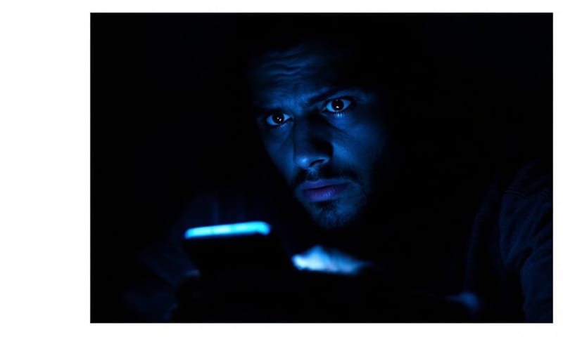 一個人在黑暗的房間裡，臉上只有手機螢幕的冷光，表情焦慮。