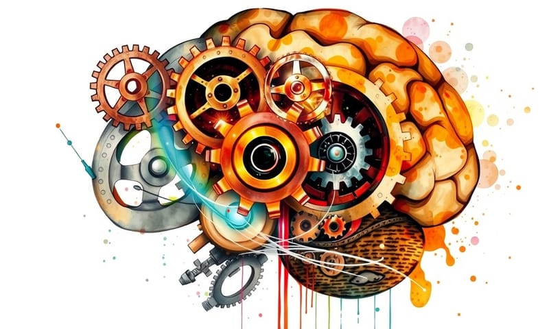 概念圖：大腦的古老齒輪被發光的數位數據流入侵和改寫。