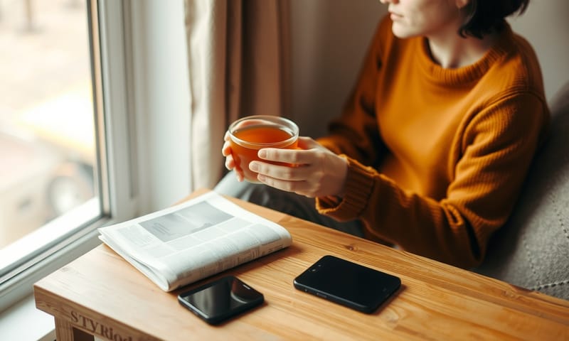一個人在明亮的窗邊，平靜地喝著茶，桌上的手機螢幕朝下放著。