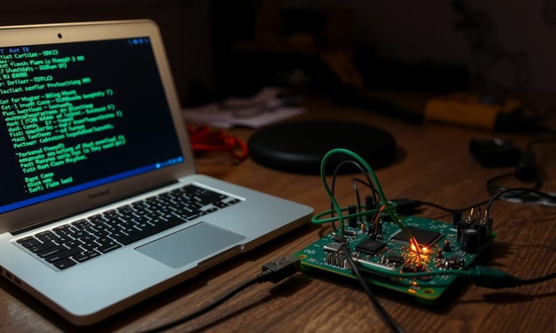 實際開發環境的樣子，一台筆電配上那塊板子