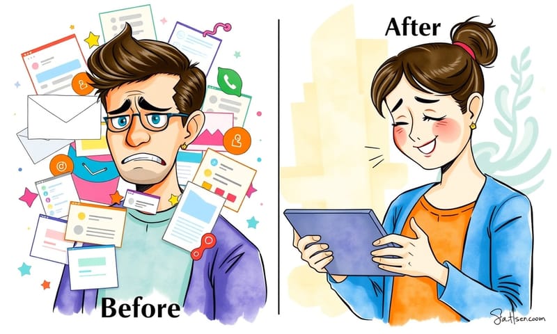 左邊是雜亂無章的溝通，右邊是整合後，顧客滿意度明顯提升的樣子。