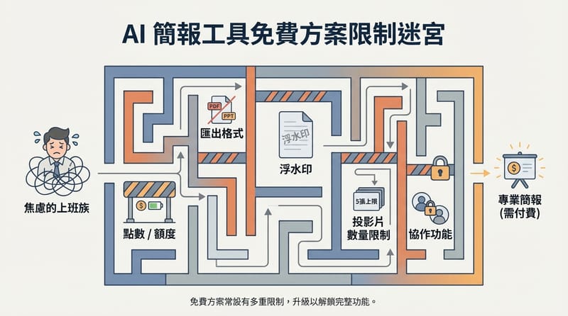 免費 AI 簡報工具的真實世界：你以為在省時間，其實在跟限制玩密室逃脫。