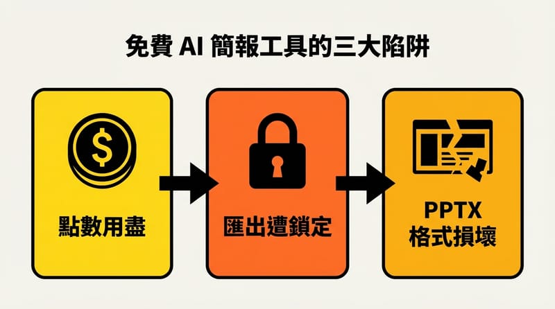 踩雷示意：點數耗盡、匯出被鎖、匯出後跑版，三個坑常常連在一起。