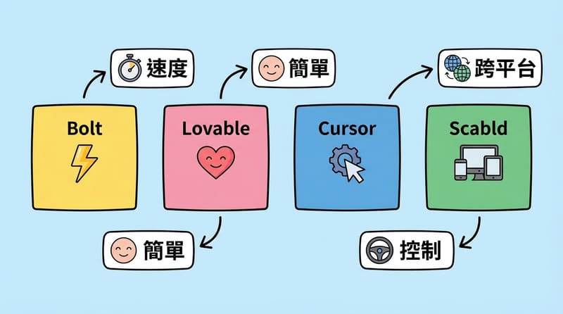 主流 vibe coding 工具四選，各自的「主打歌」一眼就知道。