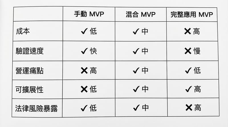 圖 4（Type 4 比較圖）：三種 MVP 路線的取捨（手動／半自動／全自動）