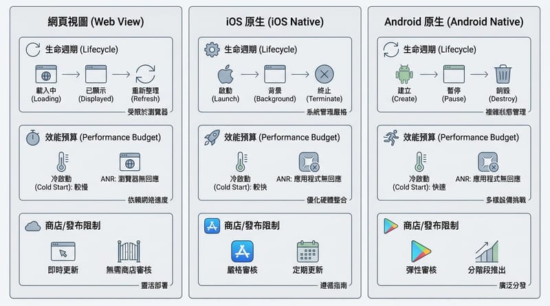 圖 3（Type 3 多視角示意圖）：同一個 App，Web 與 Mobile 在「看不到的地方」差在哪