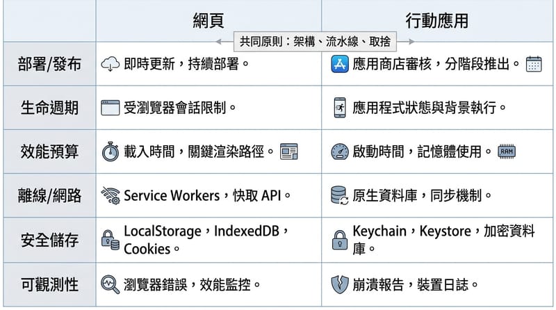 圖 4（Type 4 比較圖）：Web 與 Mobile 哪些原則相通，哪些地方硬不一樣