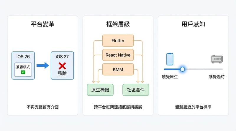 圖 3：Liquid Glass 牽動的「技術層」與「體驗層」拆解
