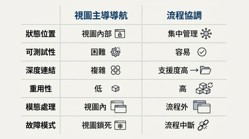 圖片 Type 4：比較 View-owned navigation vs Flow-based coordinator 的差異