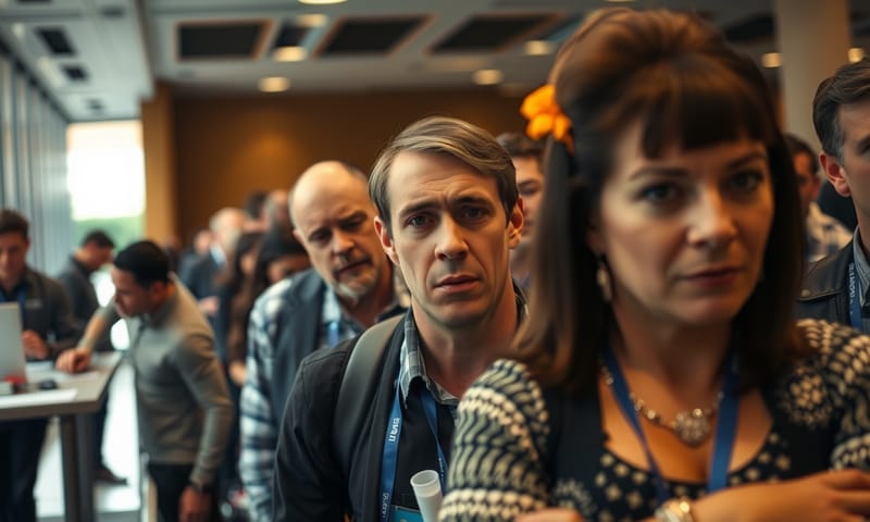 報到流程出問題，造成來賓大排長龍的混亂景象。