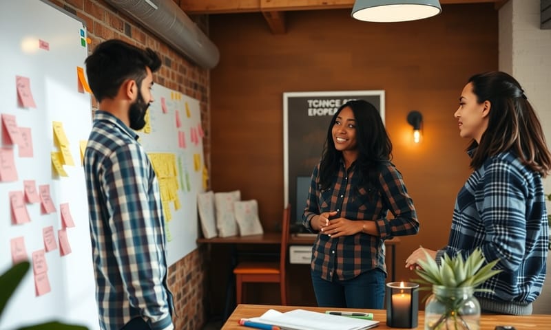 一個小型、專注的開發團隊正在進行專案討論，牆上貼滿了便利貼和流程圖。