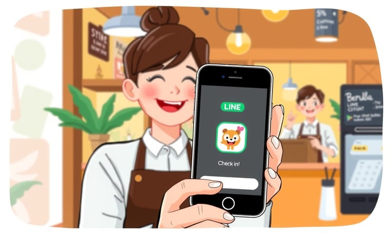 顧客在咖啡店使用手機完成 LINE 簽到，獲得獎勵