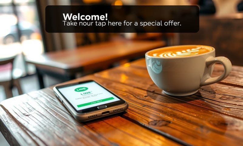 在咖啡店的桌上，一台顯示著LINE Beacon觸發通知的手機畫面