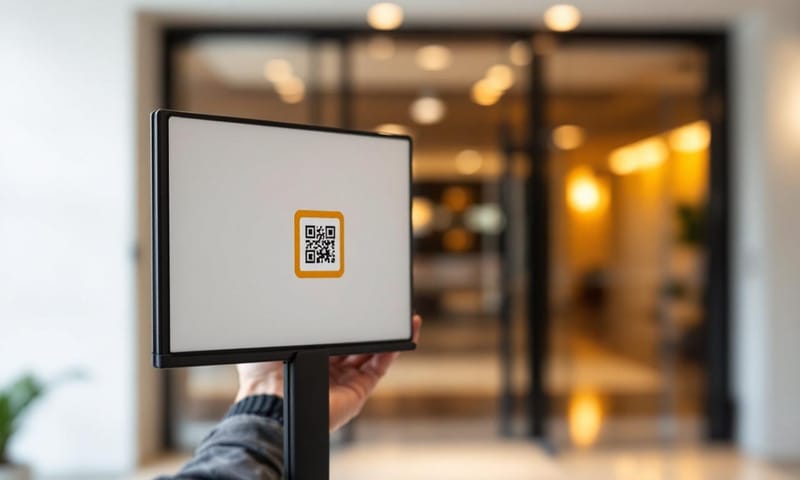活動入口處，與會者用手機掃描 QR Code 報到。
