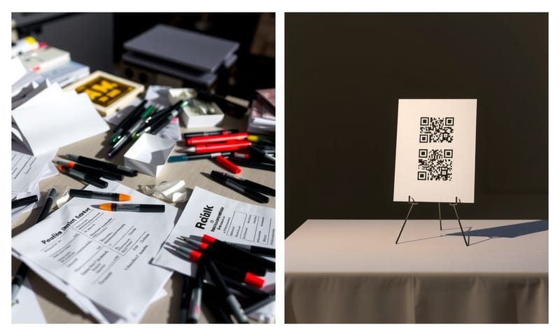 左邊是凌亂的紙本簽到桌，右邊是簡潔的 QR Code 立牌，呈現對比。