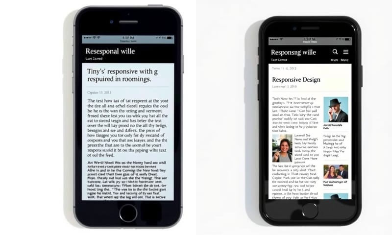 傳統網站在手機上（左）與響應式網站在手機上（右）的閱讀體驗對比