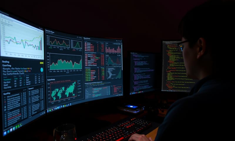 一名後端工程師的辦公桌，螢幕上顯示著複雜的伺服器監控數據。