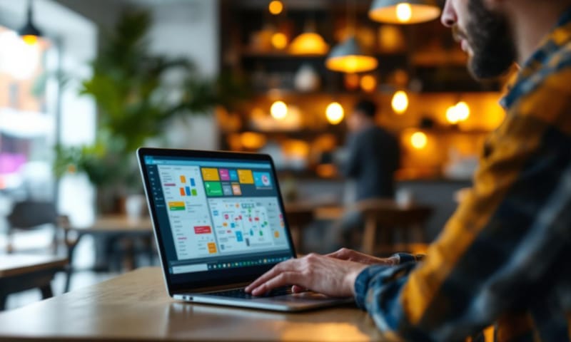 一個人在咖啡廳用筆電，畫面是充滿箭頭與方塊的流程圖，象徵著正在規劃App的邏輯。