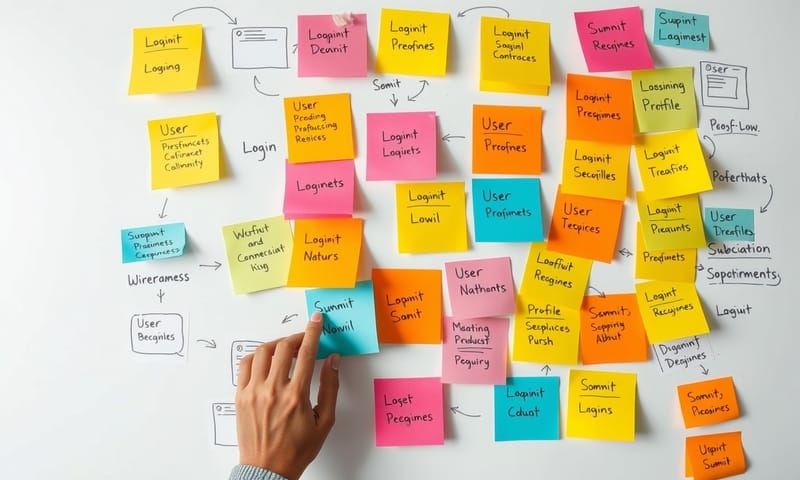 一個畫板上貼滿了便利貼，上面有簡單的App介面草圖和箭頭，呈現腦力激盪的過程。