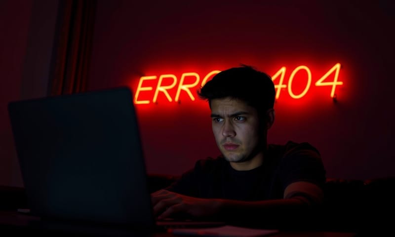一個在螢幕前眉頭深鎖的人，背後牆上是個顯示「ERROR 404」的霓虹燈。