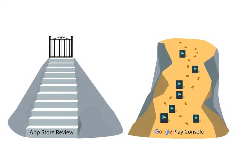 App Store 與 Google Play 上架流程的意象圖