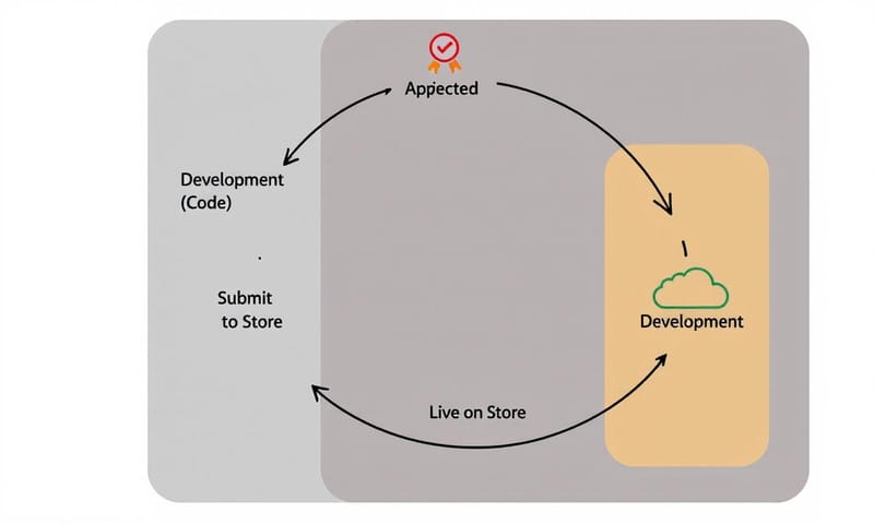 App Store 審核流程示意圖：從開發到被拒再到成功的循環