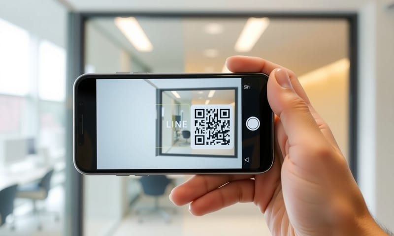 一名員工正在使用手機 LINE 掃描辦公室門口的 QR Code 進行打卡