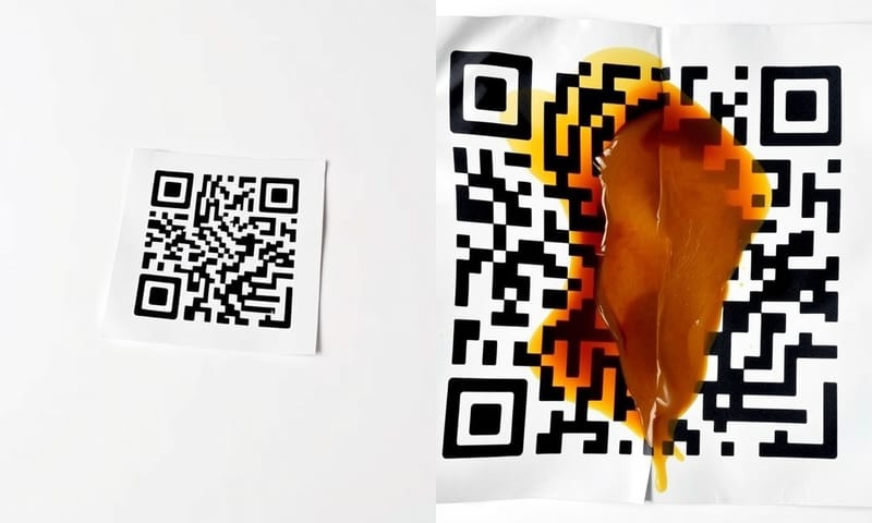 清晰與毀損的 QR Code 比較，影響掃描成功率