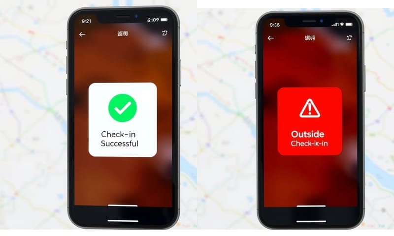 手機打卡成功與失敗的畫面比較