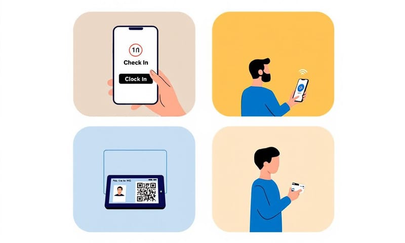 各種簽到方式的示意圖，從手機App到人臉辨識都有