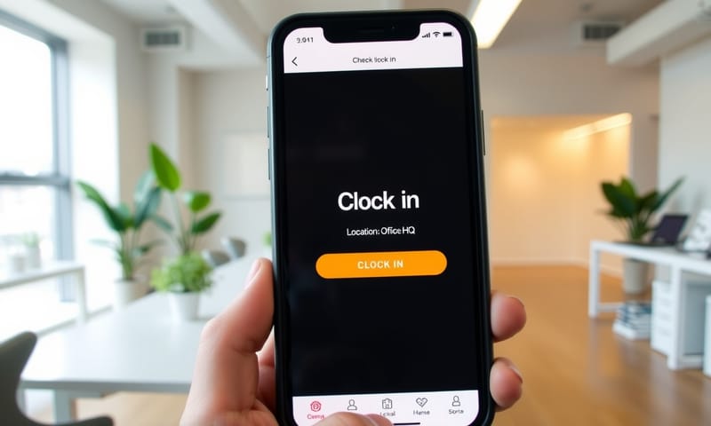 模擬在辦公室用手機 App 打卡的樣子，介面很簡潔