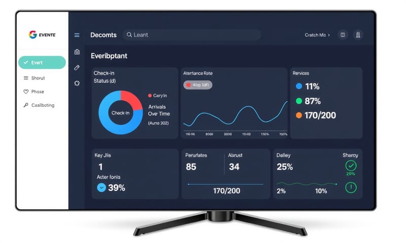 專業活動管理工具的後台儀表板，顯示即時報到數據。