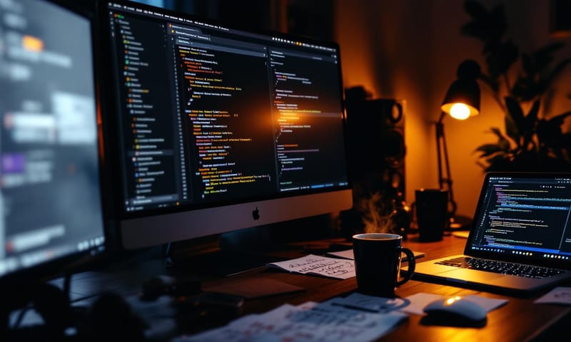 開發者在夜晚專注於 Xcode 專案設定的環境