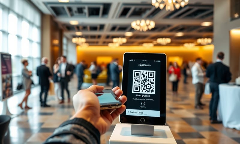 活動報到處，與會者正使用手機掃描 QR Code 進行電子簽到