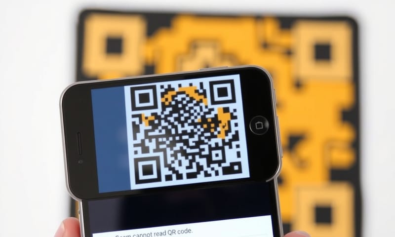 一個設計不良、印在反光材質上導致難以掃描的QR Code。