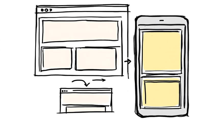 概念示意：內容區塊隨著螢幕寬度流動與重排