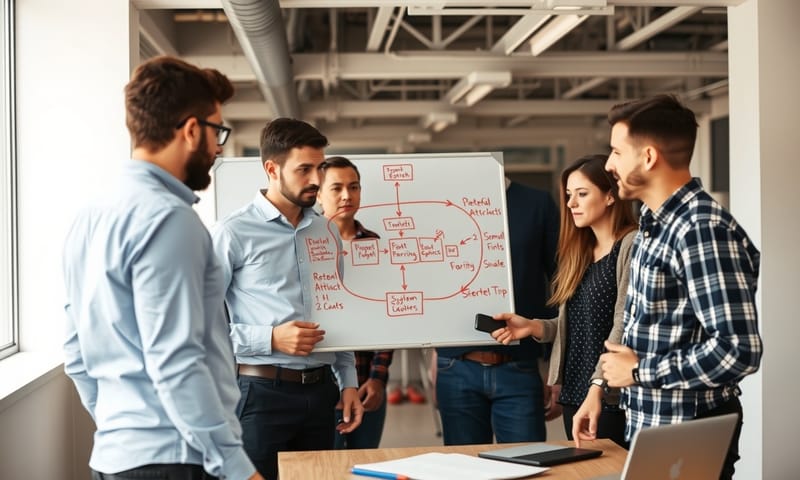 團隊正在白板前進行威脅模型分析的討論