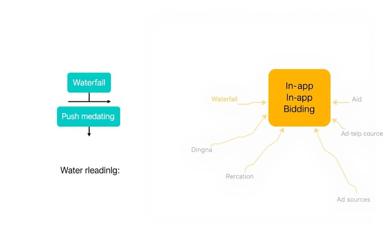 瀑布流（左）與應用內競價（右）的運作模式示意