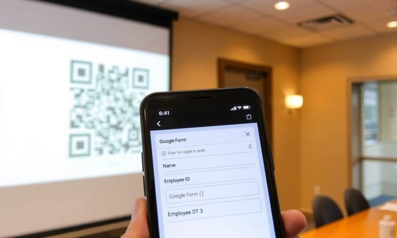透過在簡報中顯示 QR Code，讓與會者用手機掃描 Google 表單簽到
