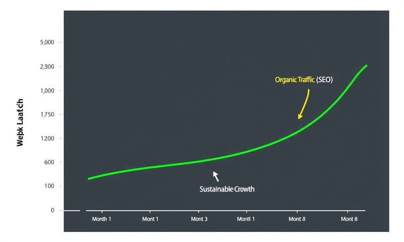 流量成長示意：初期付費流量帶動，後期自然流量接棒