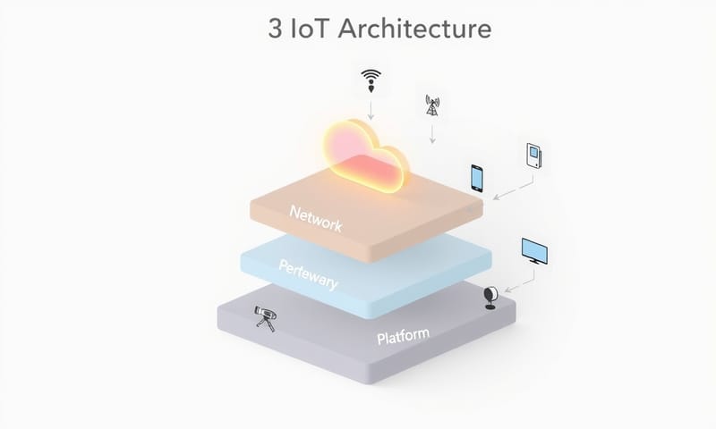 物聯網四層架構的抽象示意圖，從感測器到雲端再到使用者手機