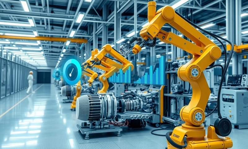 智慧工廠的運作情境，數據與自動化設備的結合。