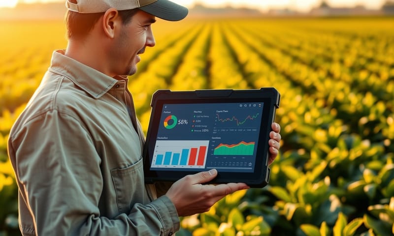農業技術人員在田間使用平板電腦分析作物數據。