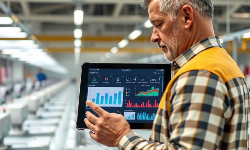 生產線主管使用平板電腦追蹤即時生產數據