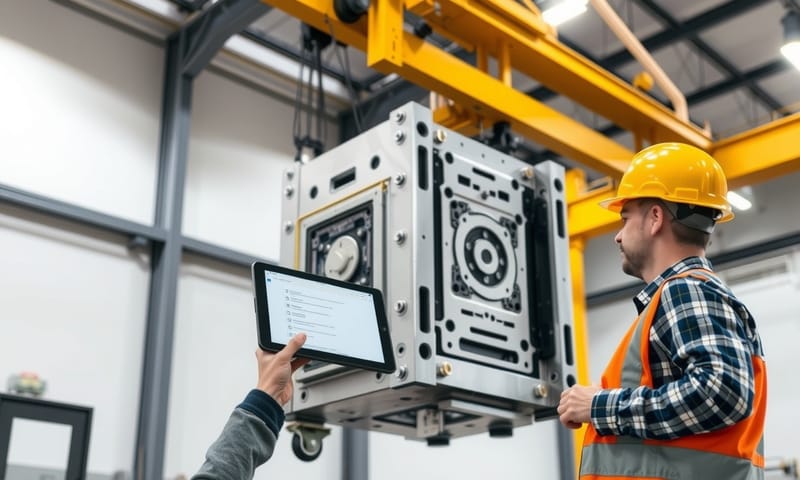 工程師在現代化廠房透過平板檢視模具維護項目